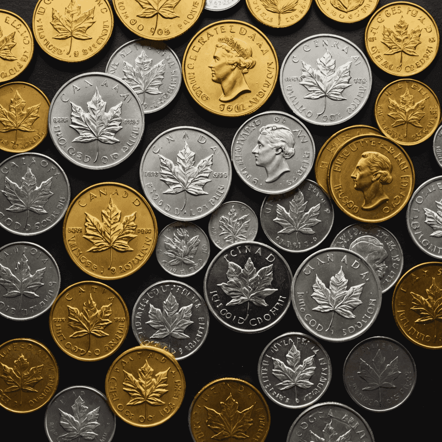 A collection of various gold and silver coins, including American Eagles, Canadian Maple Leafs, and South African Krugerrands