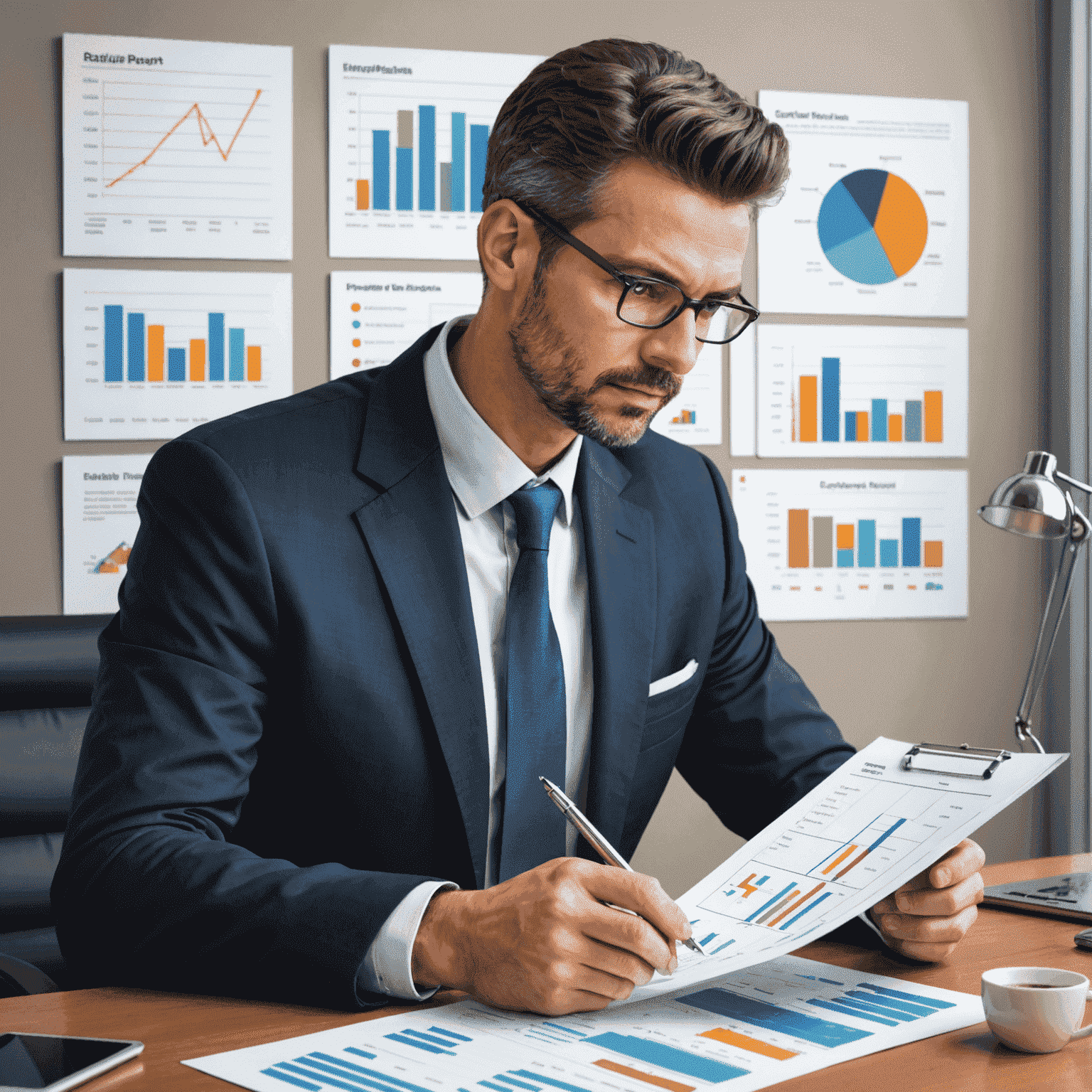 Illustration of a businessman analyzing financial reports and charts to identify cost-saving opportunities