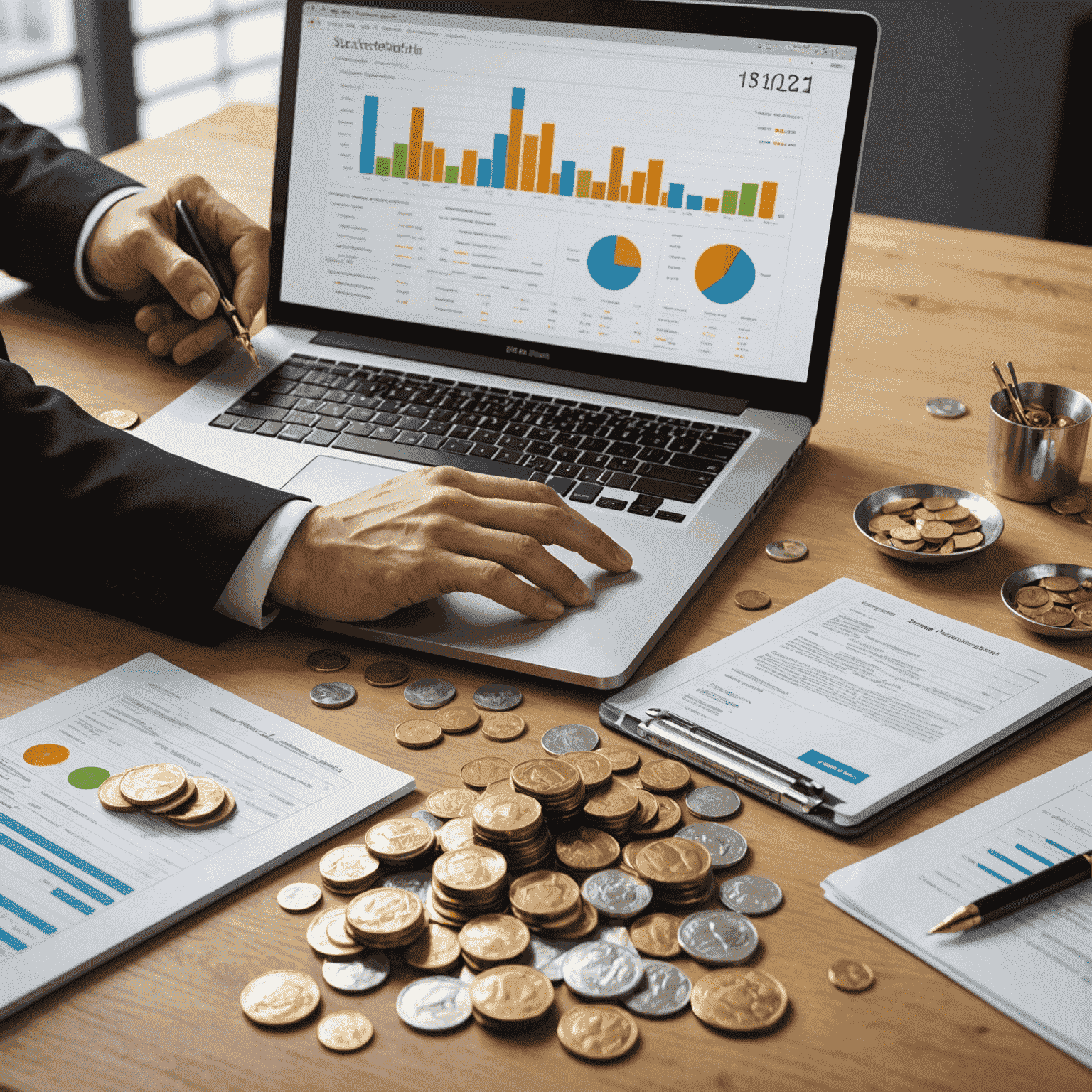 A professional accountant analyzing financial reports and graphs on a laptop, with gold and silver coins scattered on the desk