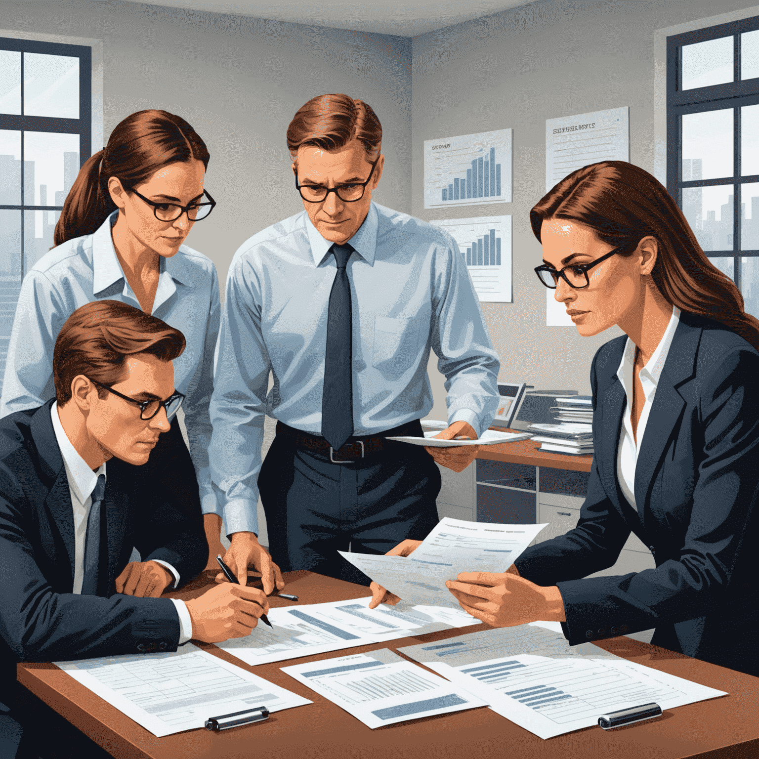 Illustration of a team of financial analysts examining expense reports and conducting a cost analysis