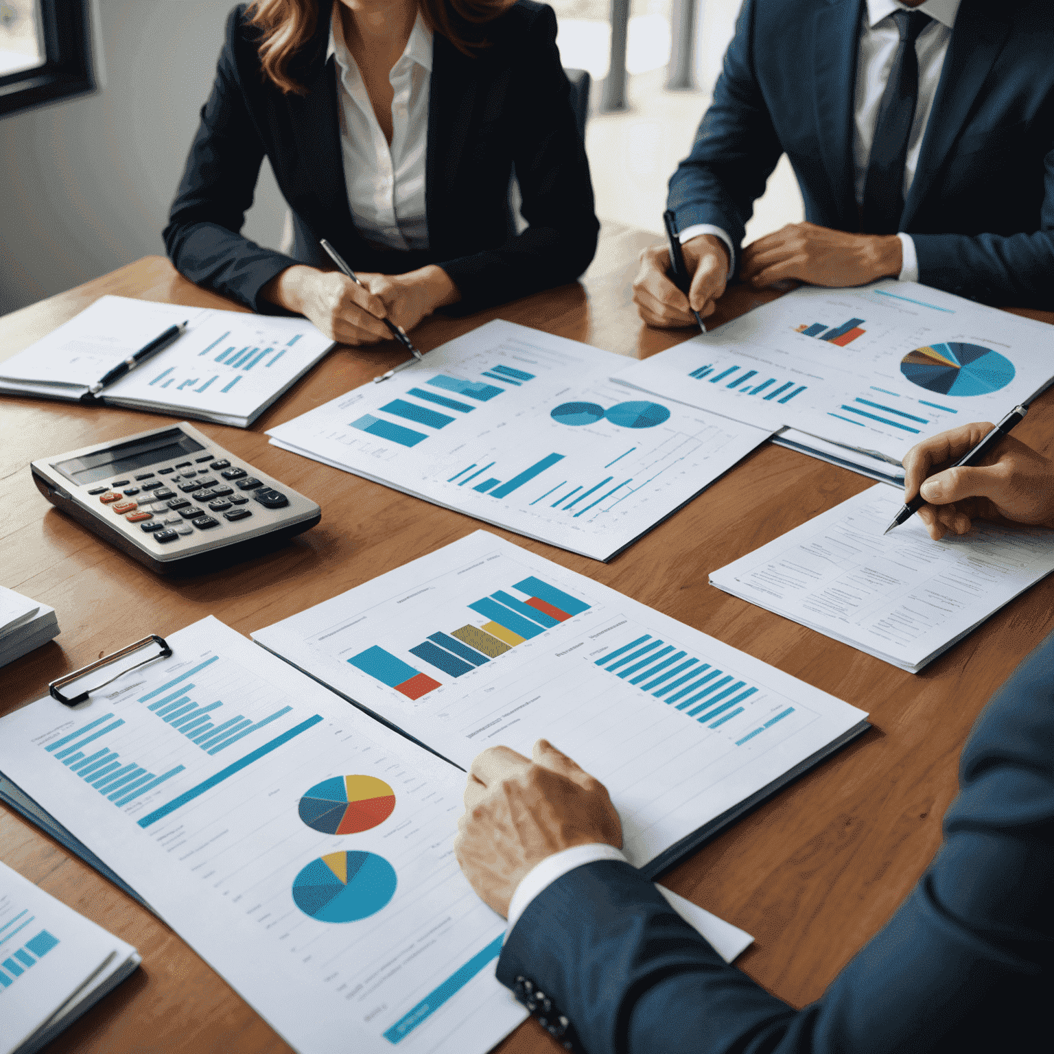 A team of financial experts discussing and analyzing business expenses using charts and spreadsheets