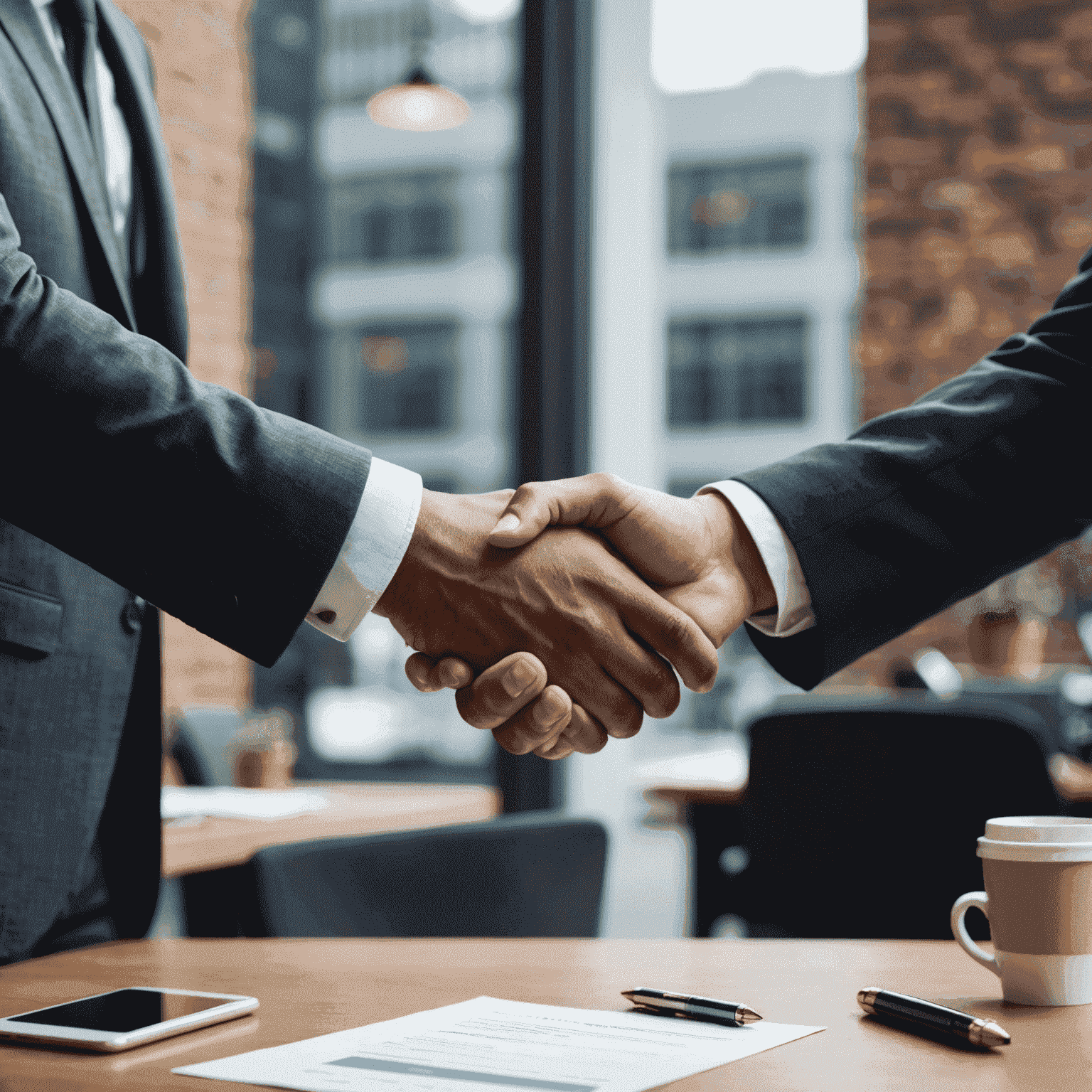 A handshake between a business owner and an outsourcing partner, symbolizing cost-effective collaboration