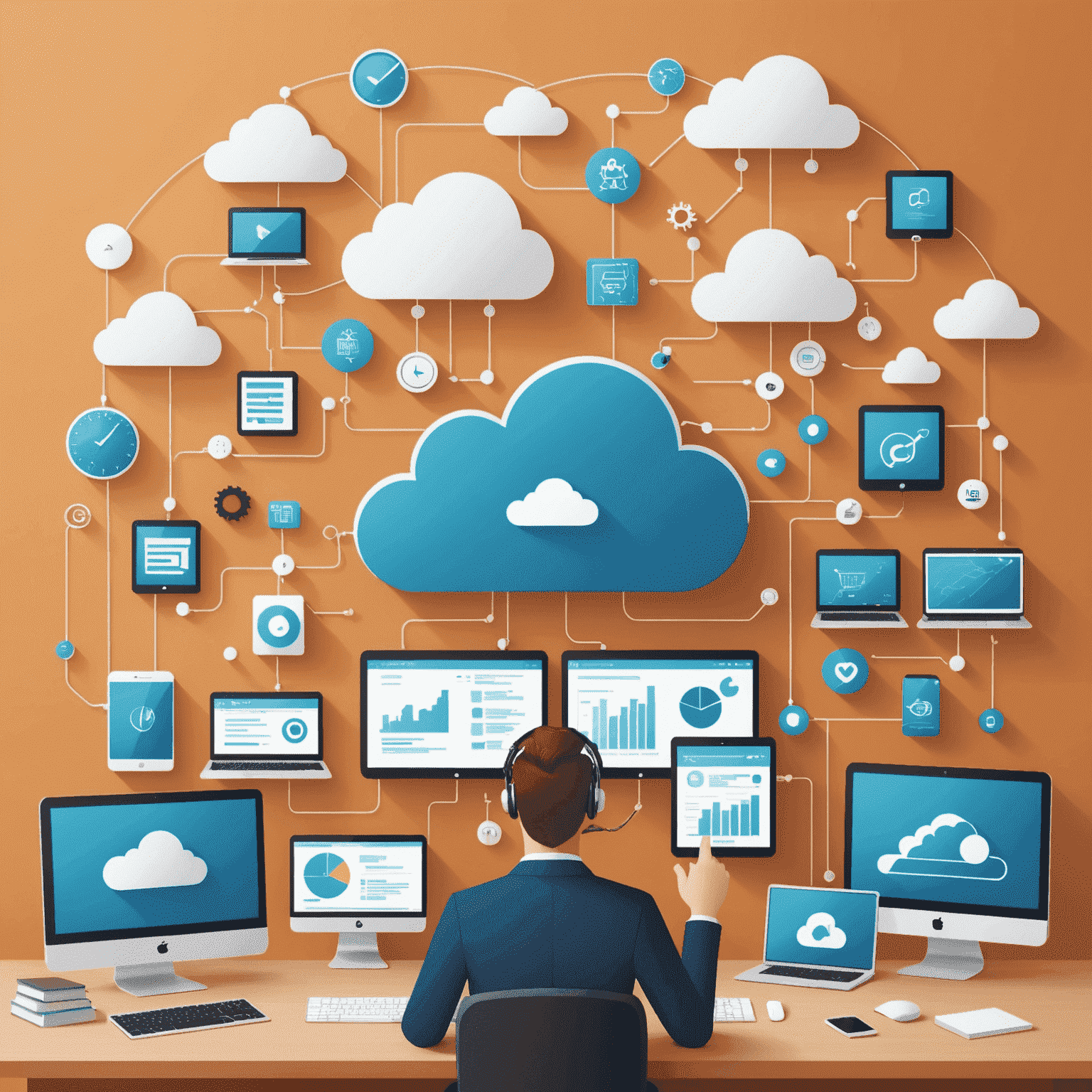 Illustration of various technologies, such as automation software and cloud computing, being used to optimize business processes and reduce expenses